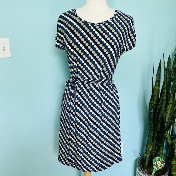 Tacera Sz S Tunic Dress Tie Belt Geometric Stretch Blue White Midi NWOT 0784 - Picture 1 of 6